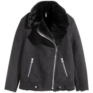 H&M DIVIDED Biker black suede fur jacket pockets SIZE 6 women’s fluffy soft